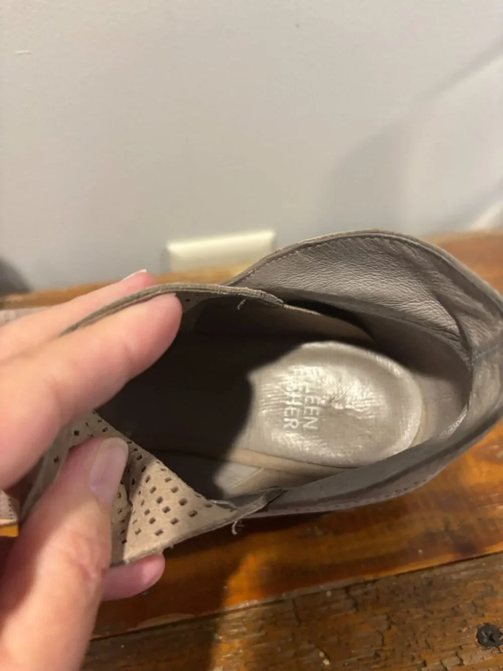 Eileen Fisher Leaf bootie perforated tan suede size 8.